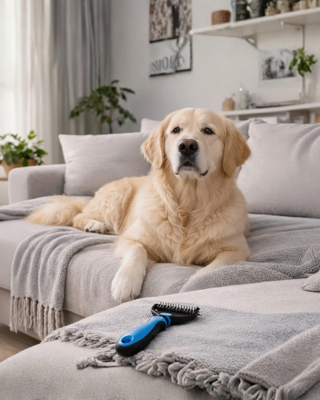 Golden Retriever with Grooming Rake