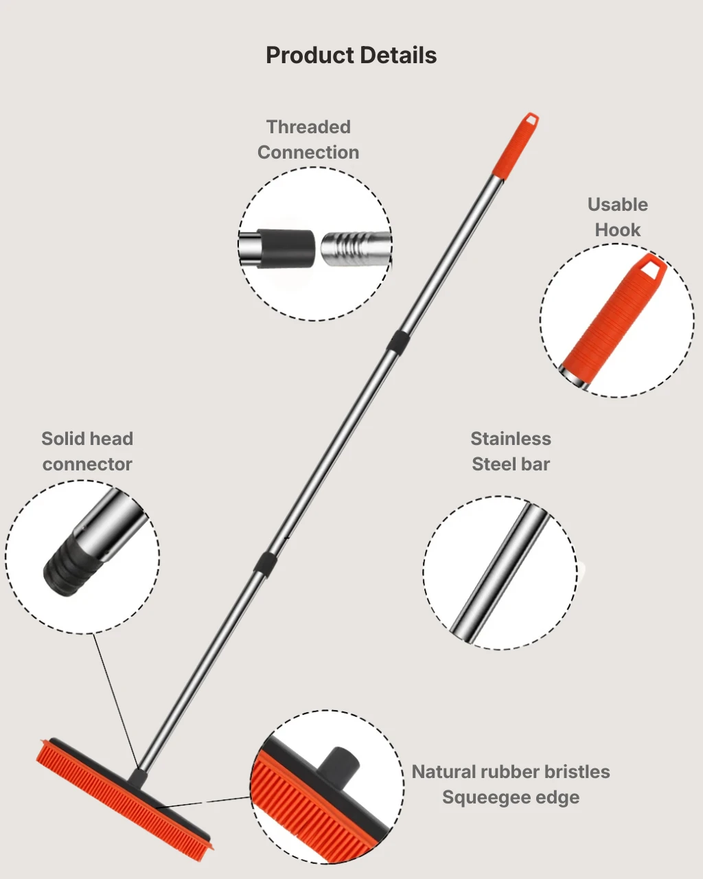 The Floor Sweep — product details: hanging hook, threaded connection, stainless steel handle, telescopic joint, rubber bristles, squeegee edge