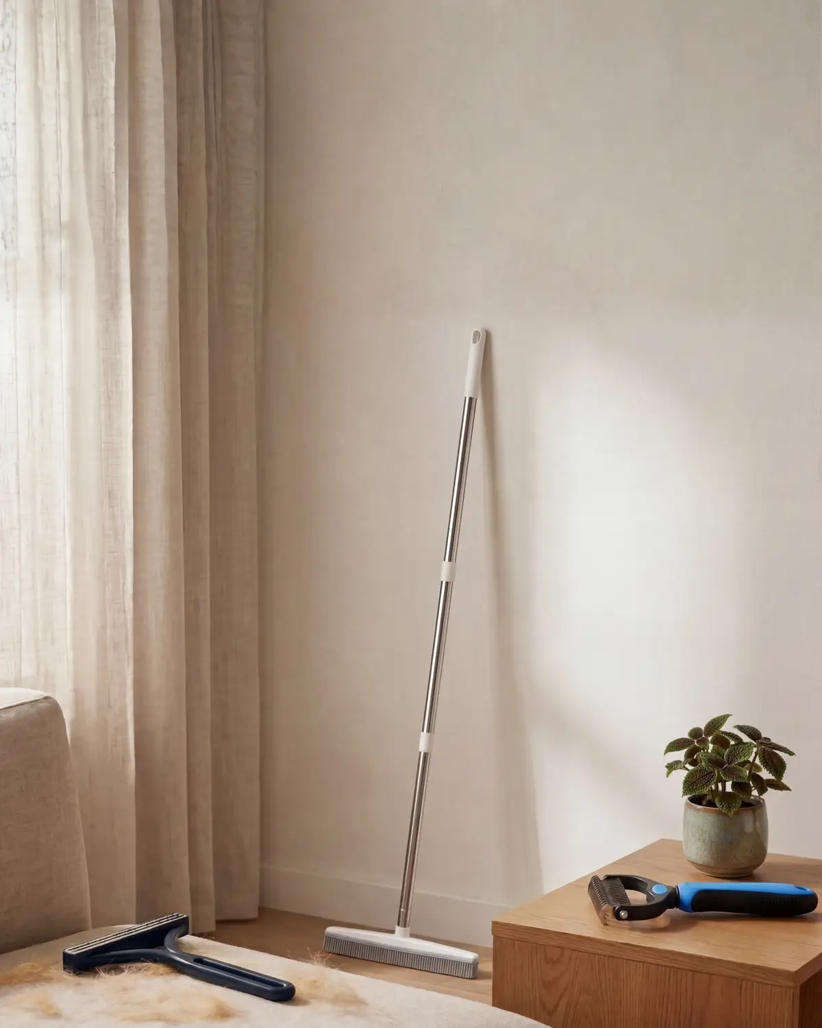 The Fur Control System — all three tools in a living room lifestyle shot