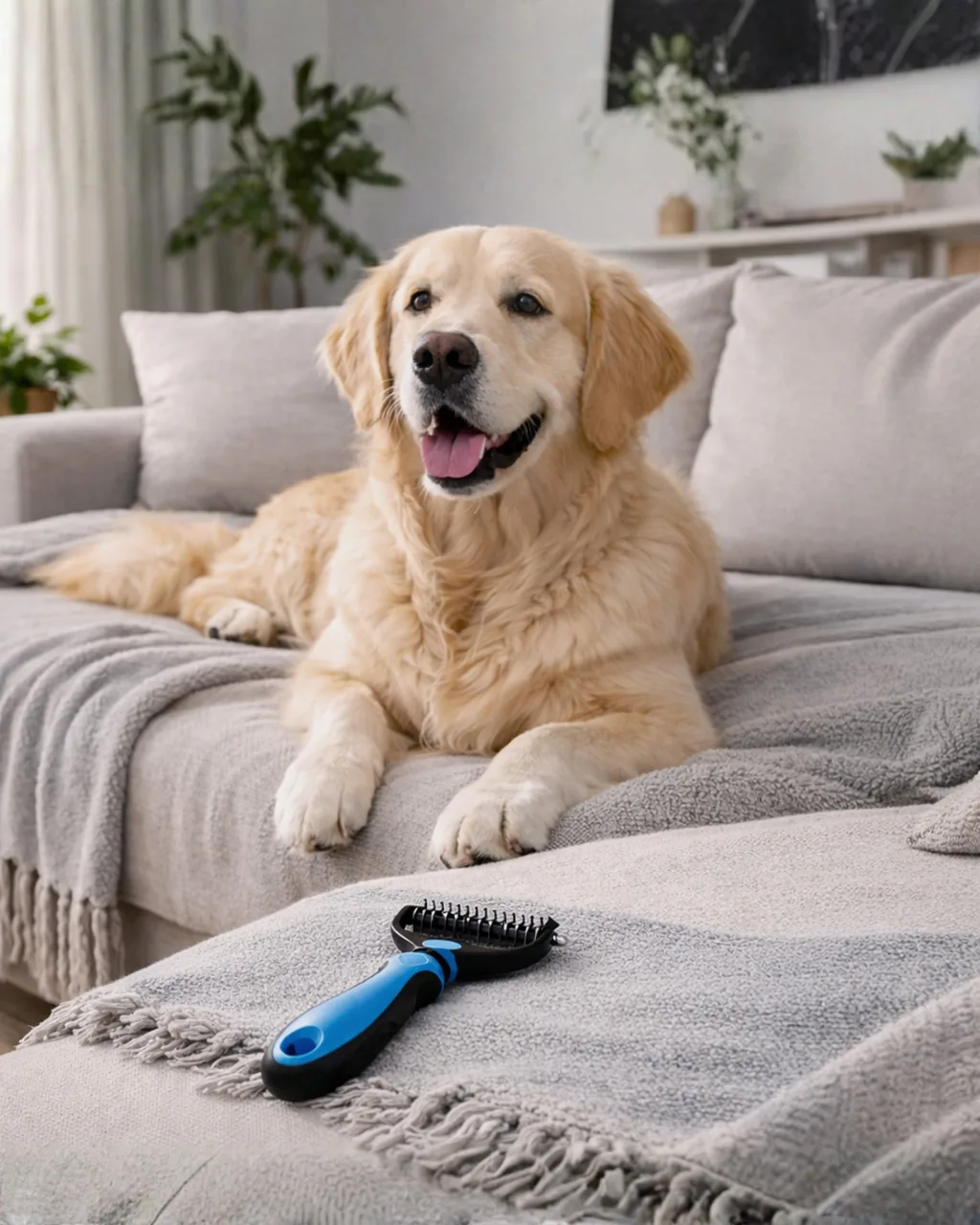 Golden Retriever on sofa with The Grooming Rake