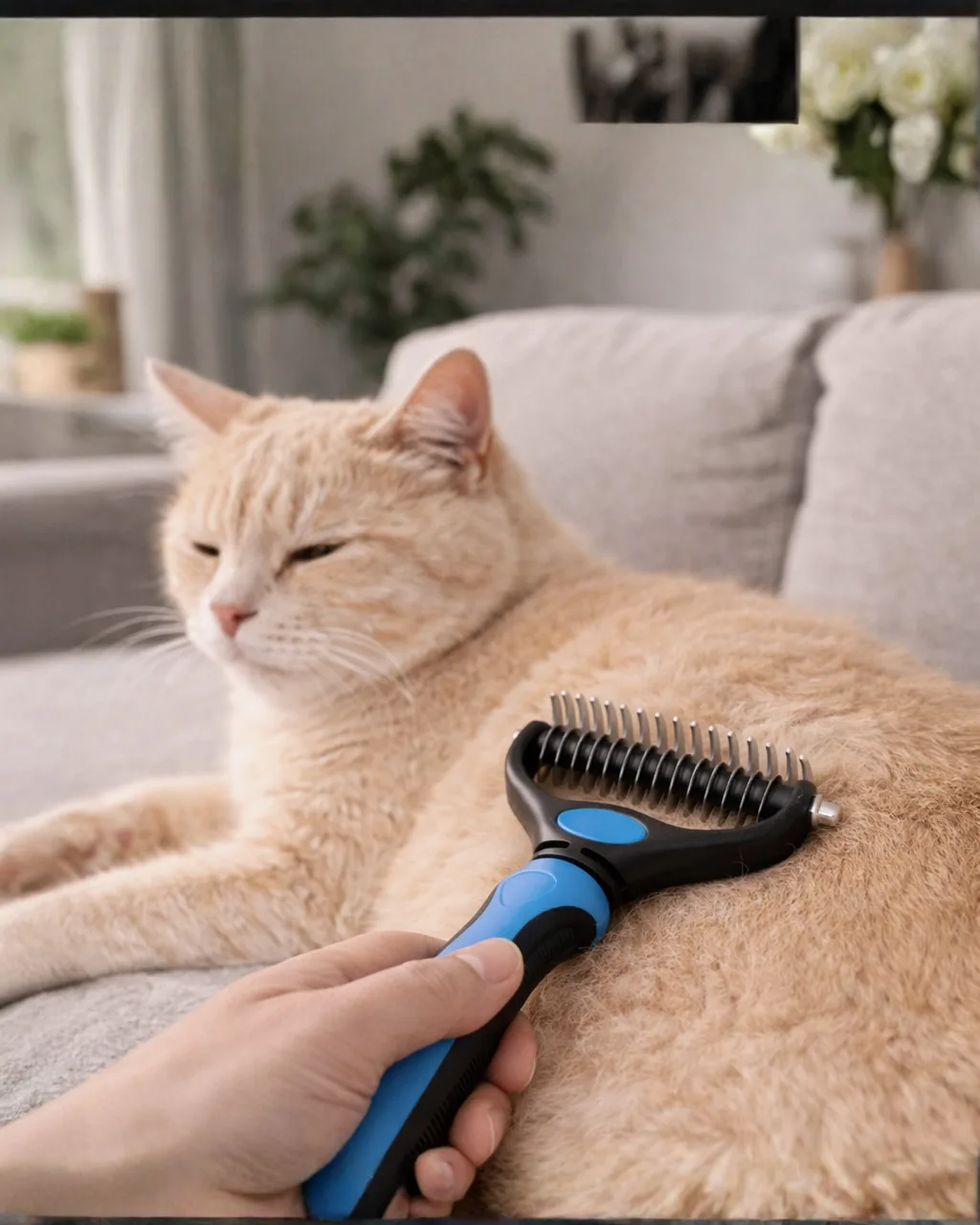 Grooming a cat with The Grooming Rake