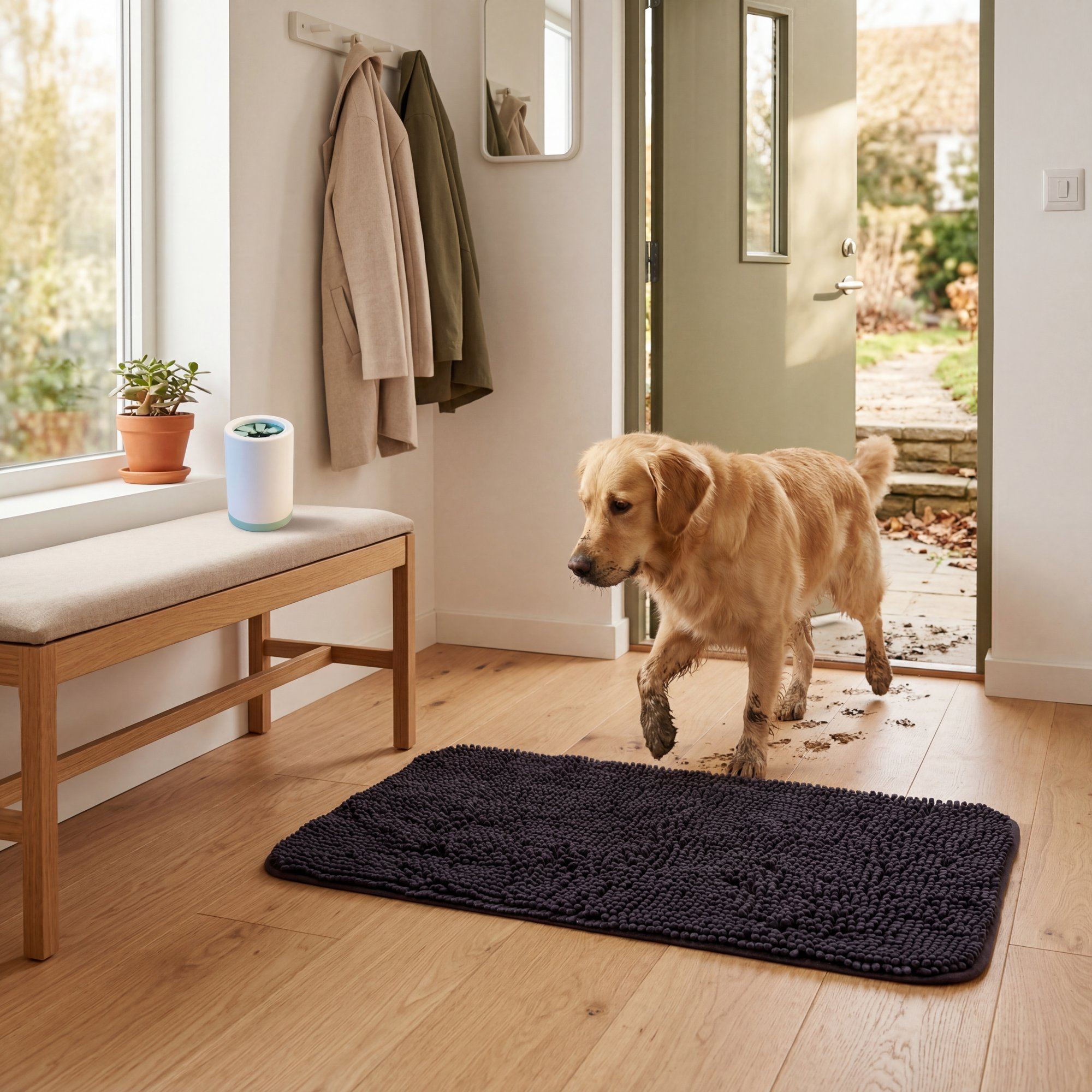 Muddy paw prints at the front door