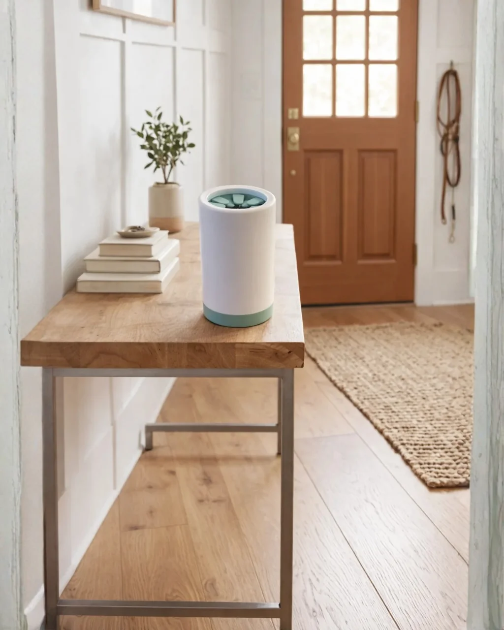 The Paw Reset — silicone paw cleaning cup with mint bristles in Scandinavian entryway